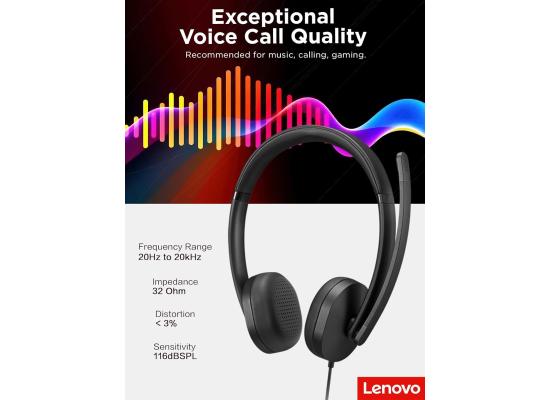 سماعة رأس Lenovo USB-A Wired Stereo for PC/Laptop, AI Noise Canceling via APP, 140g Lightweight, Replaceable Earcups, Double-Sided Boom Mic, in-line Controls with Mute for Call. Work with Teams/Zoom