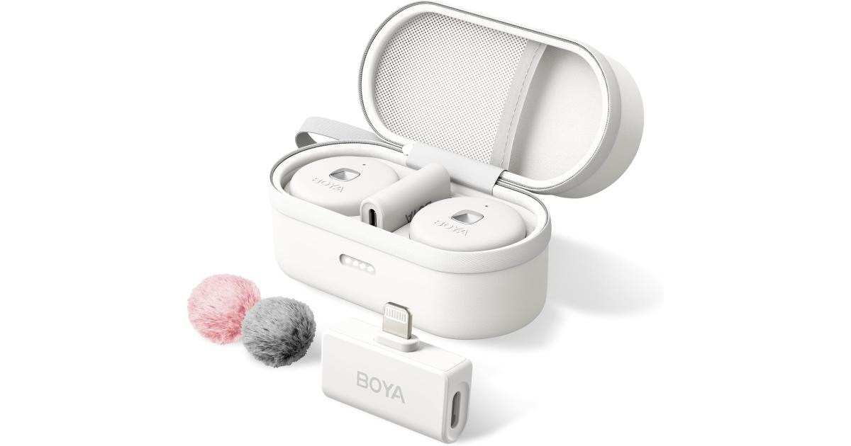 BOYA Omic-D Wireless Lavalier Microphone for iPhone MFi Certified, Noise Cancelling Lapel Mic Wireless with Magnetic Clip iPhone Microphone for Video Recording YouTube Vlog - White