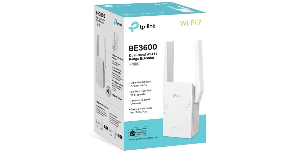 Tp-Link RE225BE BE3600 Dual-Band Wi-Fi 7 Range Extender Gigabit Ethernet Port EasyMesh Works with all Wi-Fi Generations & Devices