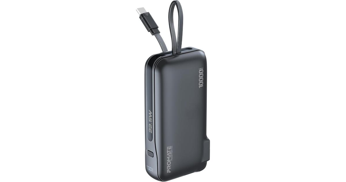 Promate Dual-Mode AC/DC Charger and 10000mAh Power Bank with 20W USB-C Port, Built-In USB-C Cable, 22.5W USB-A Quick Charge, Digital Display, and Multi-Protection System for Safe - Black