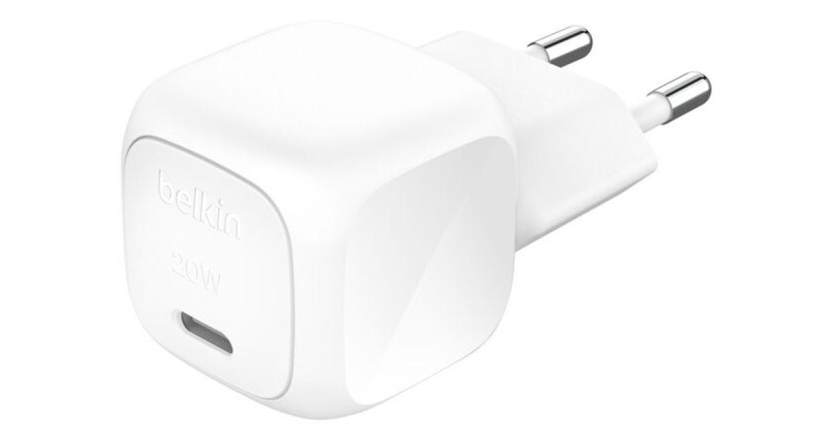 شاحن Belkin BoostCharge Compact 20W USB-C PD Fast Charging AC for All iPhone 16 and iPhone 15 Models Samsung Galaxy S25, iPad, AirPods, and More - White