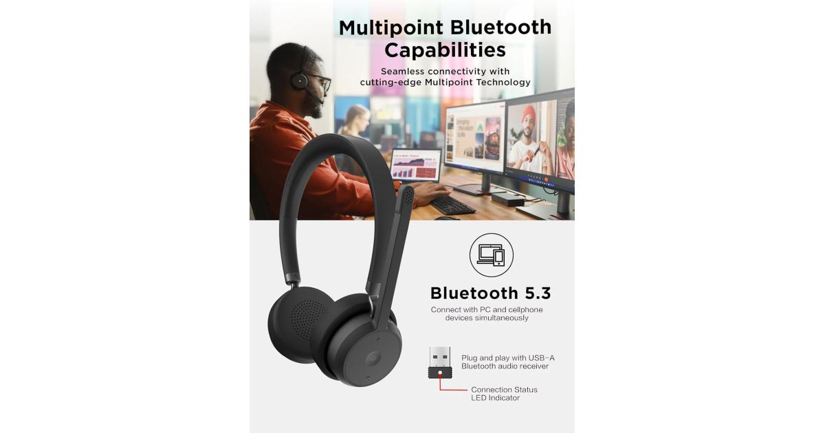 سماعة رأس Lenovo Wireless VoIP Teams Certified, Noise-Canceling Mic, Bluetooth 5.3 Multipoint, USB-A Receiver, 31-Hour Talk & 60-Hour Playback, Lightweight Over-Ear Design, Replaceable Earcups