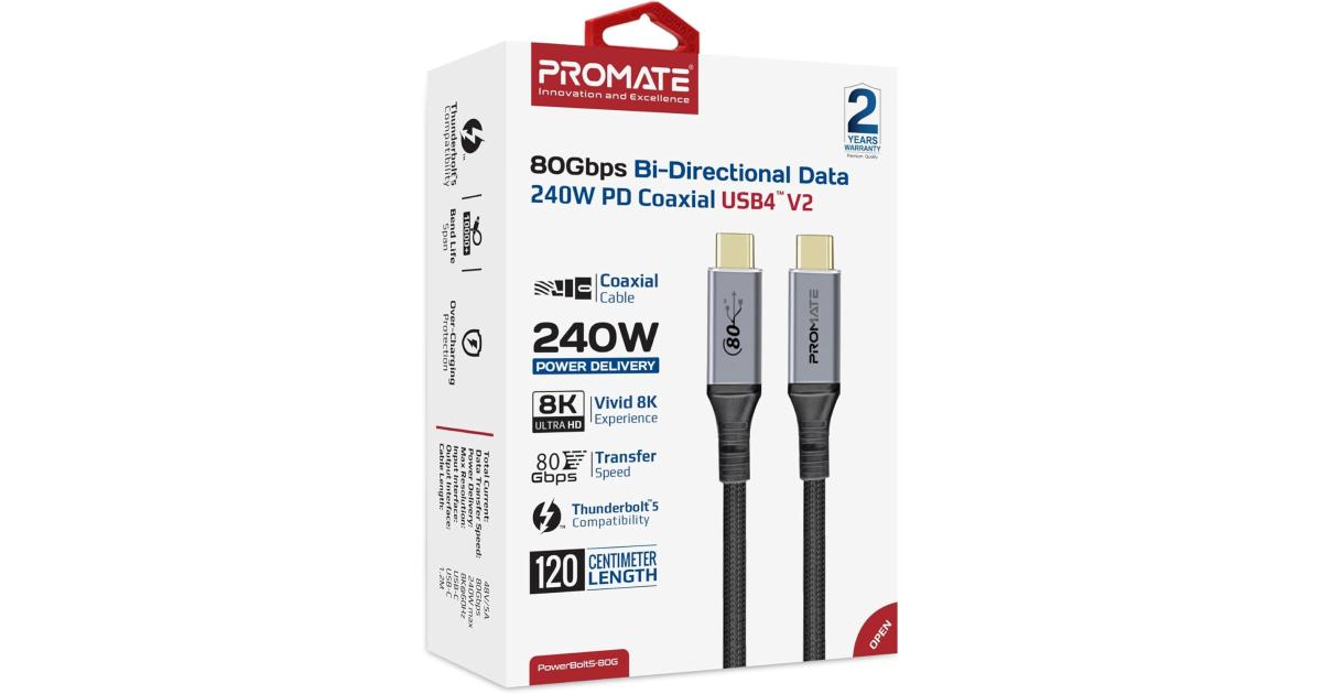 Promate PowerBolt5-80G USB4 Cable 80Gbps Data Transfer, 240W Power Delivery, 8K Ultra HD Display Support, USB-C to USB-C 1.2M Cable, Compatible with Thunderbolt 5, Durable Build Black