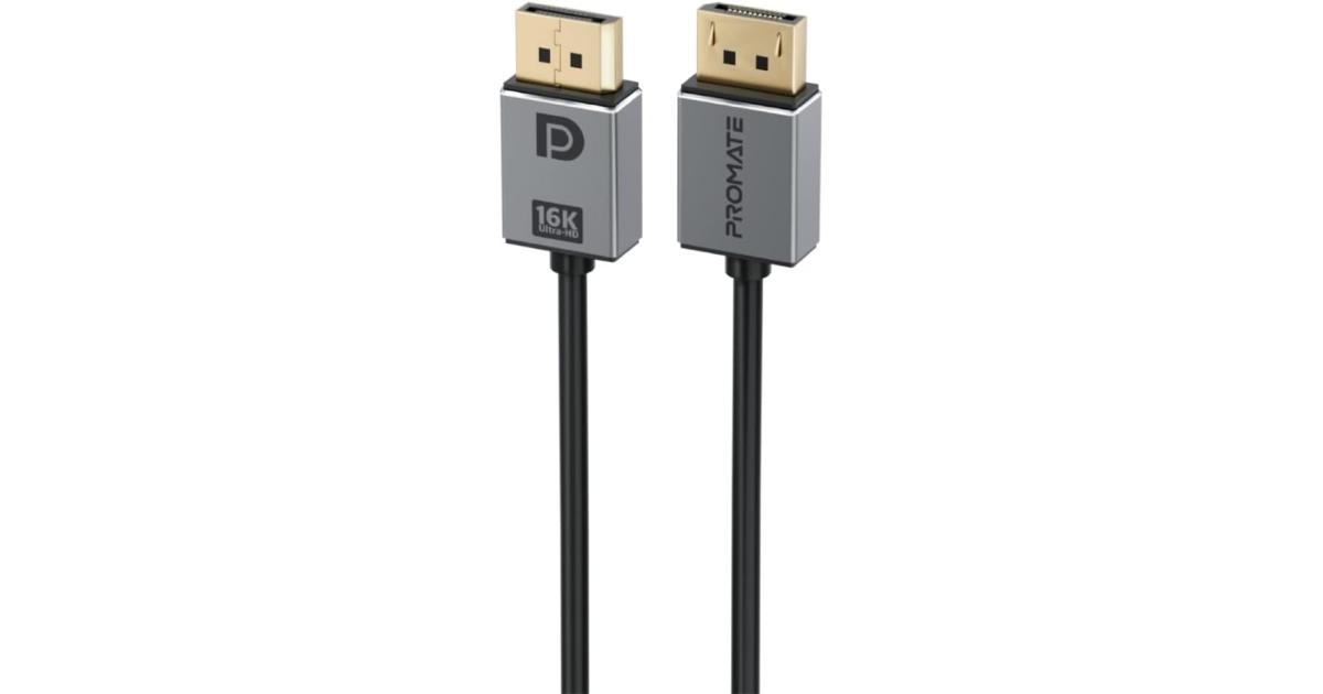 Promate DisplayPort 2.0 Cable, Premium Ultra HD 16K@60Hz Video Display Cord with 80Gbps Bandwidth Transmission, Gold Plated Connectors, 2m Super Slim Cable - Black