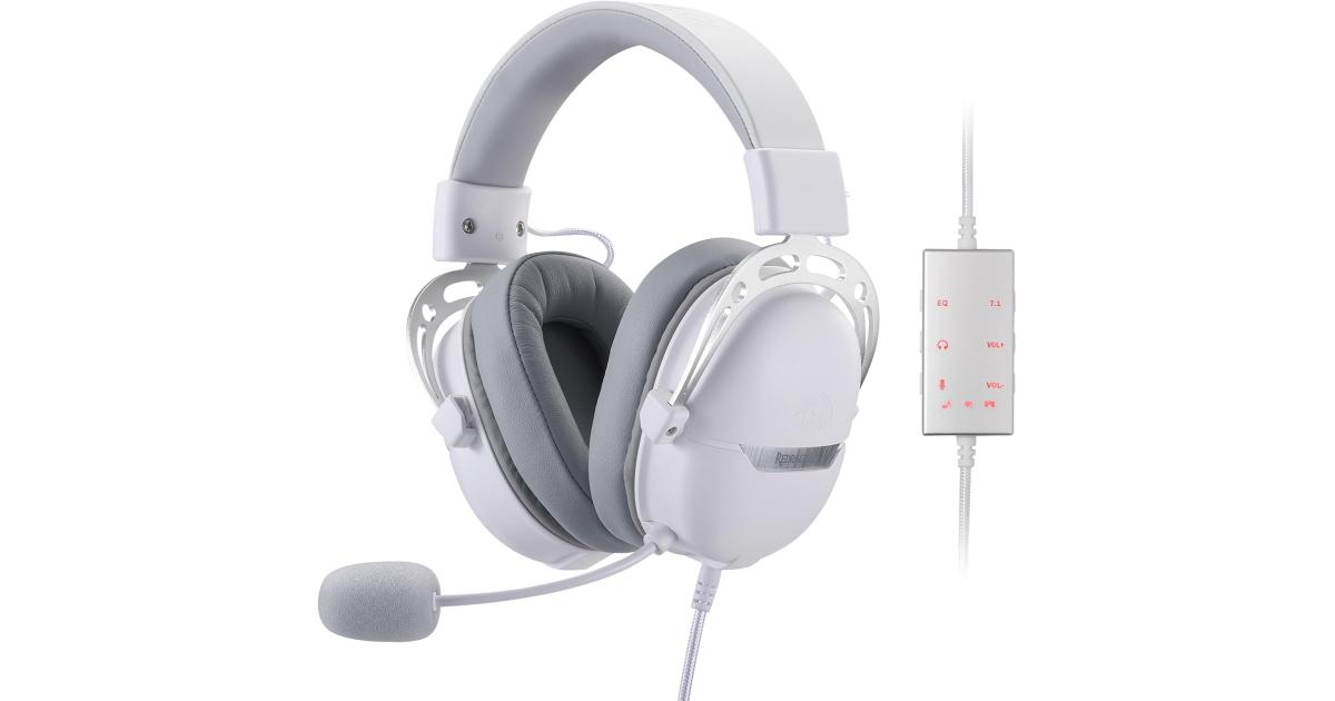 سماعة ألعاب (رأس) Redragon H376WG Aurora Wired , 7.1 Surround Sound Over-Ear Headphone w/40 MM Audio Drivers, Advanced EQ Mode, 240g Lightweight, Cozy Memory Foam Pads, USB Powered for PC/PS4/NS - White