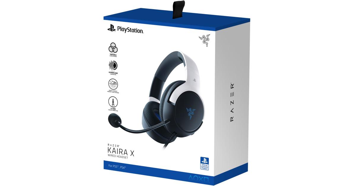 سماعة ألعاب (رأس) Razer Kaira X Wired For PlayStation, TriForce 50mm Drivers, HyperClear Cardioid Mic, Flowknit Memory Foam Ear Cushions, Compatible with PC, Mac, Switch, Black/White