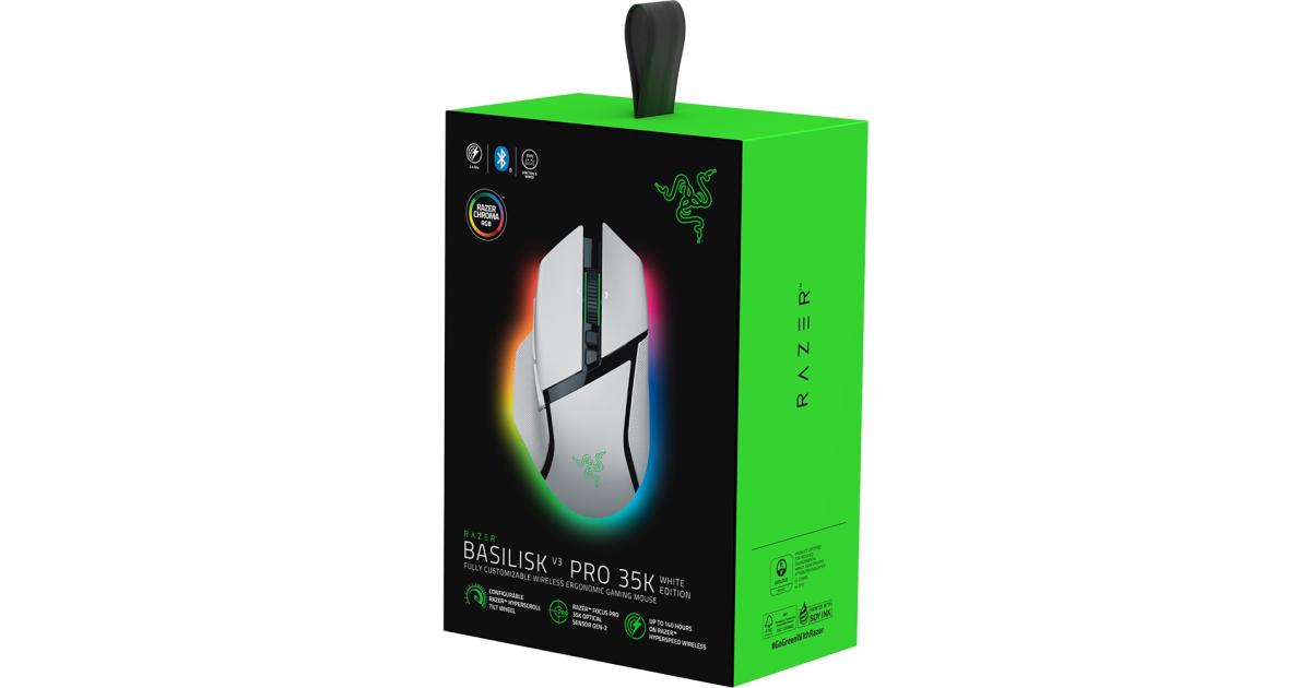 ماوس ألعاب لاسلكي Razer Basilisk V3 Pro 35K , Right-Handed, Focus Pro 35K Optical Sensor Gen-2, 35000 Max DPI, Optical Mouse Switches Gen-3, 4-Way HyperScroll Tilt Wheel, White