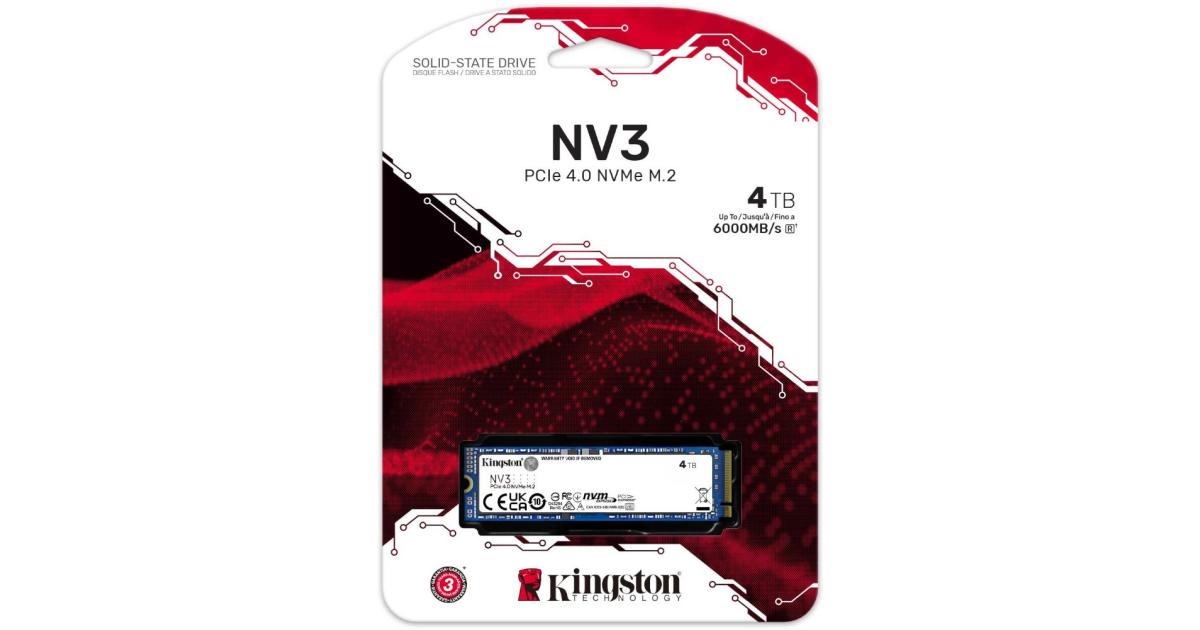 وحدة تخزين SSD داخلية Kingston NV3 4TB M.2 2280 NVMe PCIe Gen 4x4 Up to 6000 MB/s