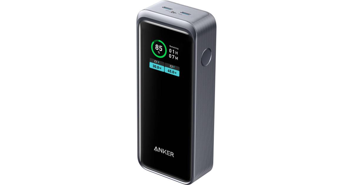 باور بنك (شاحن متنقل) Anker 723 Prime 12,000mAh 130W , 65W USB-C Single-Port Max, Smart Display, Active Shield 2.0, Ultra Compact Dynamic Power, 3.0 Power Delivery, 2 USB-C Port, Black