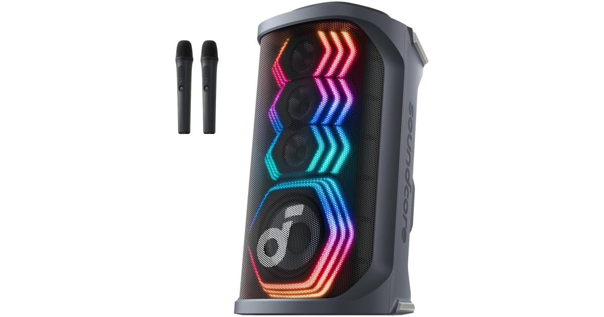 Anker soundcore Rave 3S AI Party Speaker with 2 Wireless Microphones, 200W Sound, AI Vocal Removal, Reverb, Light Show, 12H Playtime, Portable Bluetooth PA System for Home, Party, or Backyard - Black