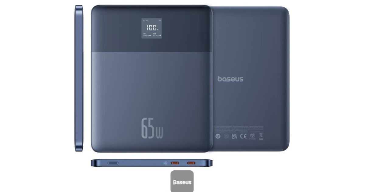 باور بنك (شاحن متنقل) Baseus Blade2 12000mAh | 65W Fast Charging Ultra-Thin Digital Display Intelligent Edition Battery Pack For Laptop/MacBook & Phones - Blue