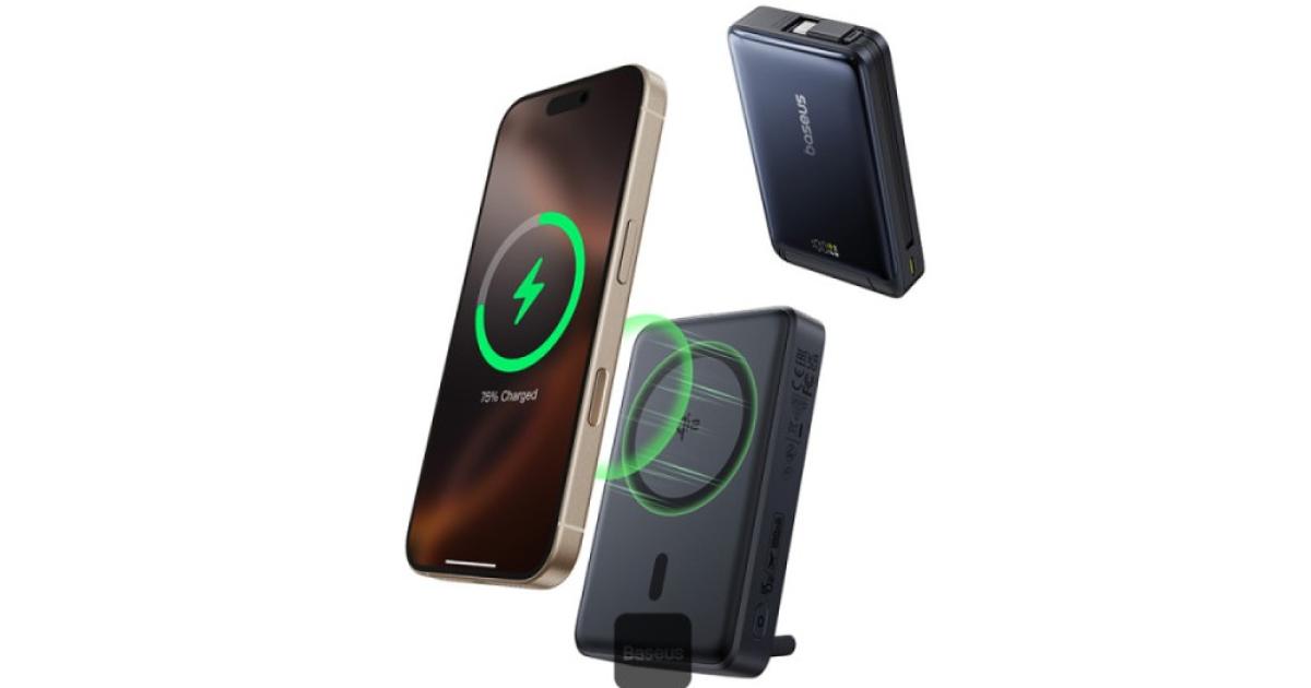 باور بنك (شاحن متنقل) Baseus Nomos 3-in-1 10000mAh - Qi2 Certified 15W Wireless Charger, 45W Built-In Two-Way Fast Charging Cable, Type-C Port, Kickstand - Black