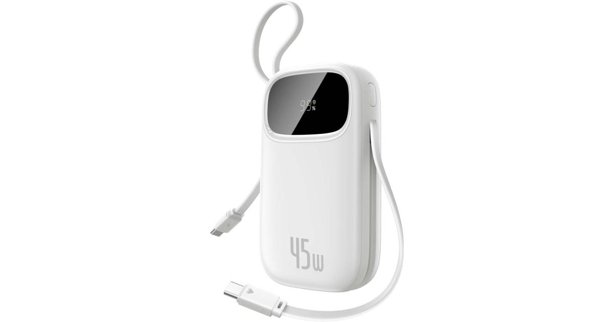 باور بنك (شاحن متنقل) Baseus EnerFill Qpow 3 Digital Display with 2 Built-in USB-C Cables 20000mAh 45W Cosmic - White