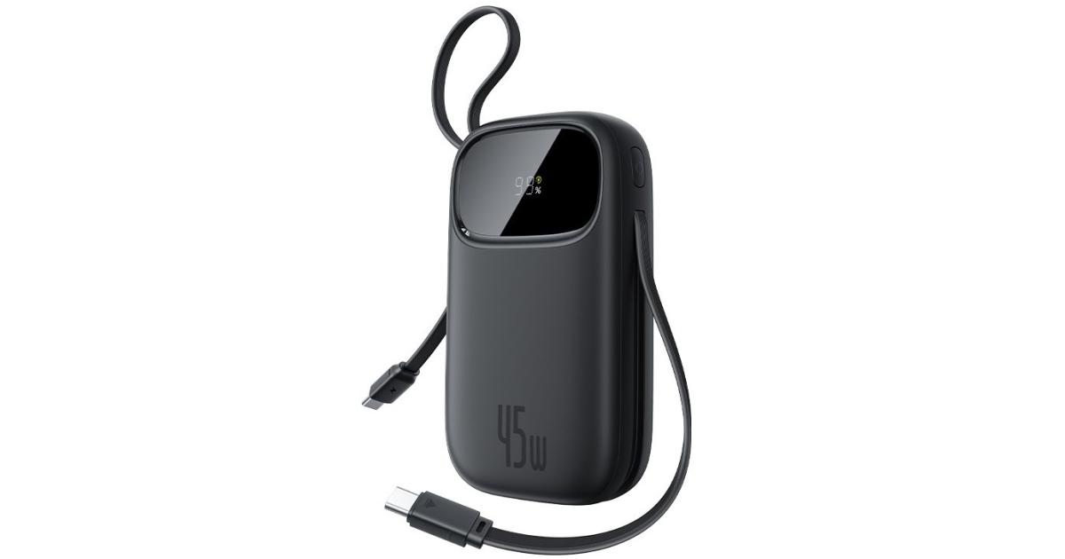 باور بنك (شاحن متنقل) Baseus Qpow 3 Digital Display with 2 Built-in USB-C Cables 10000mAh 45W Cosmic - Black