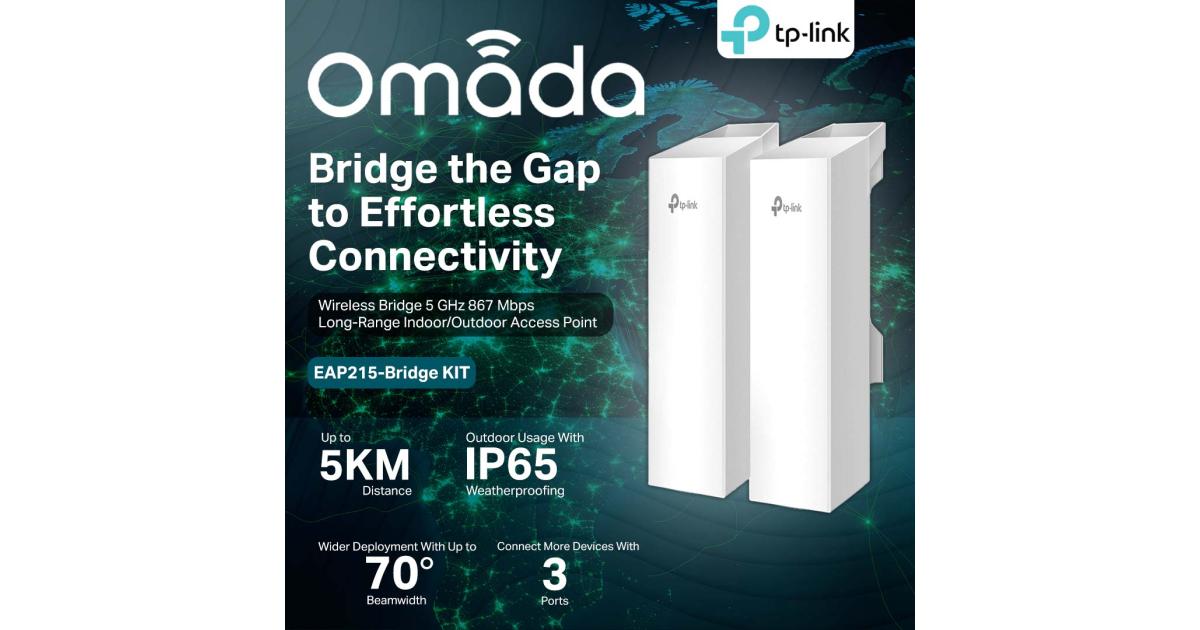 TP-Link Omada EAP215-Bridge KIT Point to Point Wireless Bridge Outdoor - 5GHz, 867Mbps, PtP&PtMP, 5km Range, 3 Gigabit Ports, PoE or DC Powered, IP65 Weatherproof, Preconfigured, Plug&Play