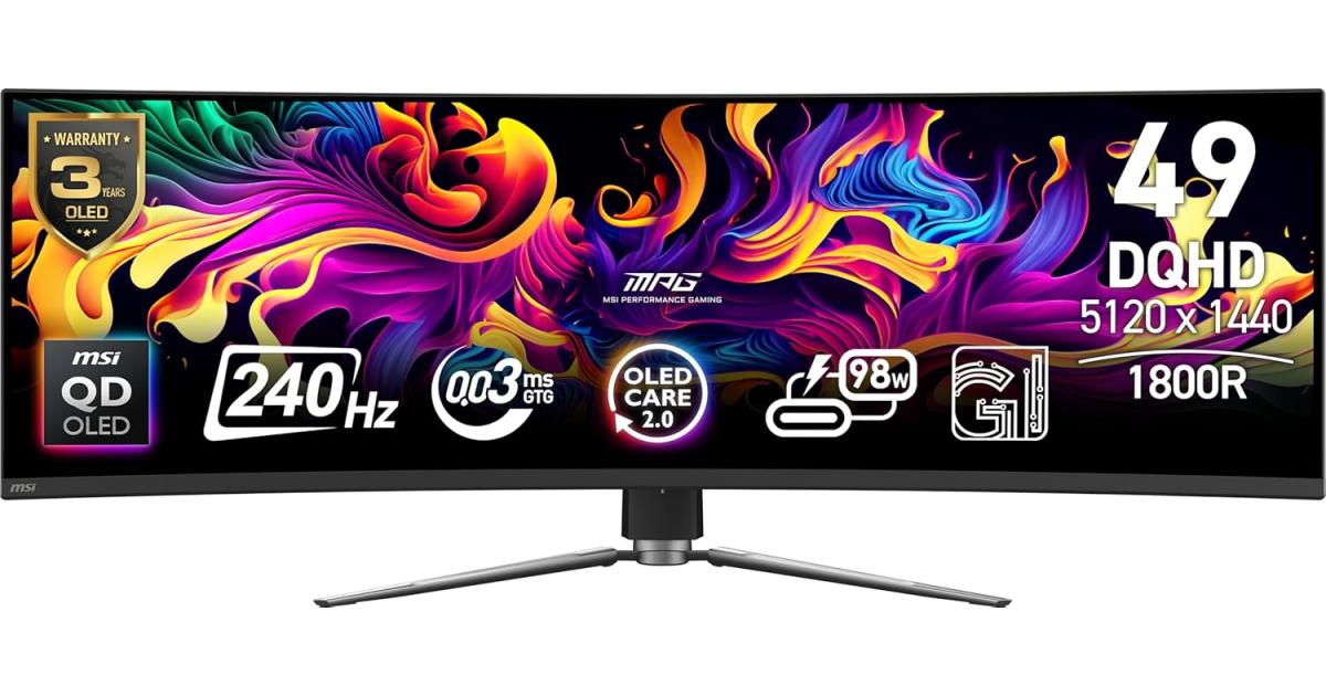 MSI MPG 491CQPX 49" QD-OLED Curved 1800R DQHD (5120 x 1440) 240Hz,.03ms, HDR 400 , Adaptive-Sync, HDMI 2.1 , OLED Care 2.0, Type-C up to 98WVGA , Height Adjustable, Speaker, Black