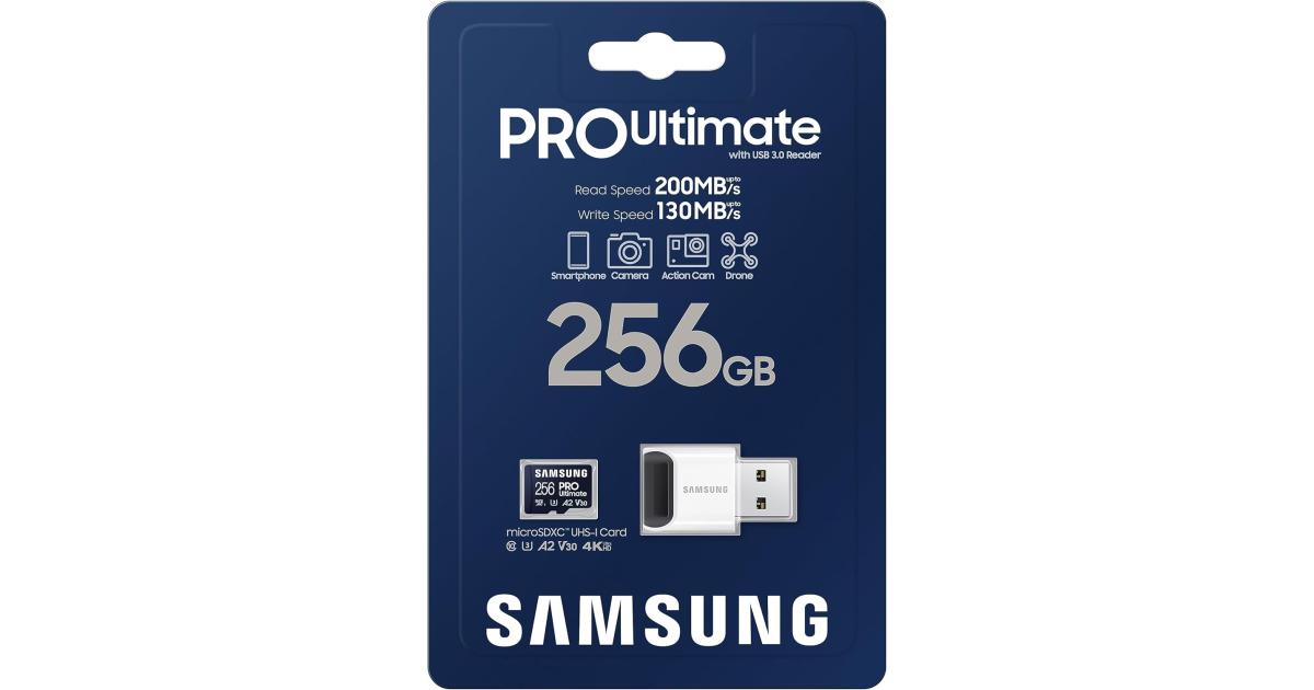 Samsung PRO Ultimate microSD Memory Card+Reader, 256GB microSDXC, Up to 200 MB/s, 4K UHD, UHS-I, Class 10, U3,V30, A2 for GoPRO Action Cam, DJI Drone, Gaming, Phones, Tablets