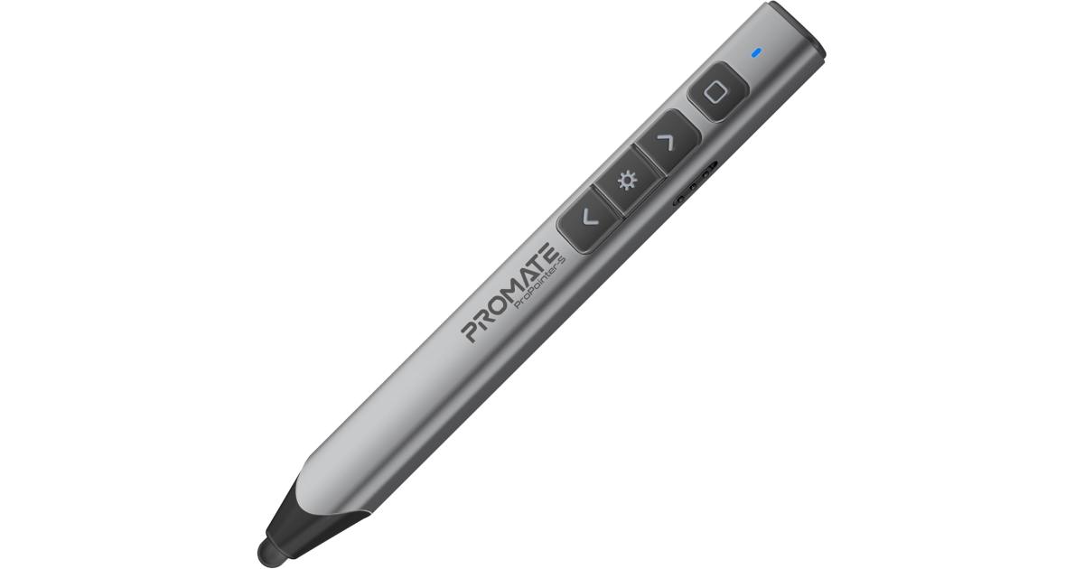Promate Wireless 2-in-1 Presenter with Multifunctional Stylus, 2.4GHz RF Connectivity, Brilliant Green 200m Laser Pointer, 50m Range, One-Touch Presentation Control - Black