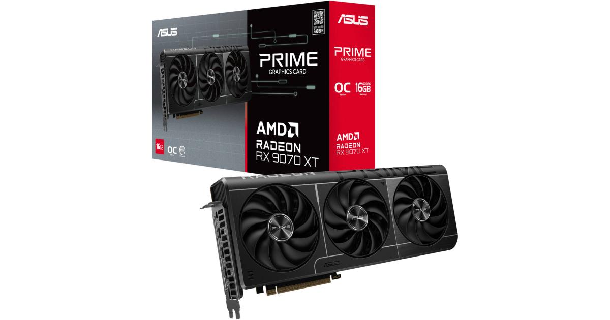 كرت شاشة ASUS Prime Radeon™ RX 9070 XT OC Edition (PCIe 5.0, 16GB GDDR6, HDMI/DP 2.1, 2.5-slot design, axial-tech fans, dual ball fan bearings, dual BIOS, ASUS GPU Guard)