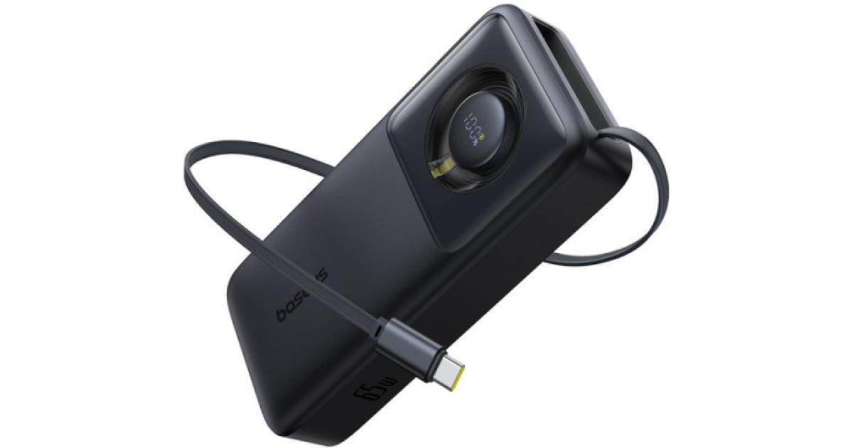 باور بنك (شاحن متنقل) Baseus Free2Pull 20000mAh with Built-in Retractable Type-C Cable for Laptop - 65W Fast Charging, Digital Display - Black