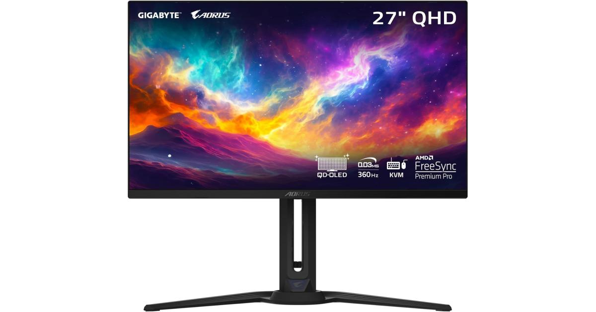 شاشة ألعاب GIGABYTE AORUS FO27Q3 27” QD-OLED - QHD 2K 360Hz - 0.03ms GTG - AMD FreeSync Premium Pro - Type C KVM - HDMI, DP, Type C w/ Height Adjustable & Speakers - Black