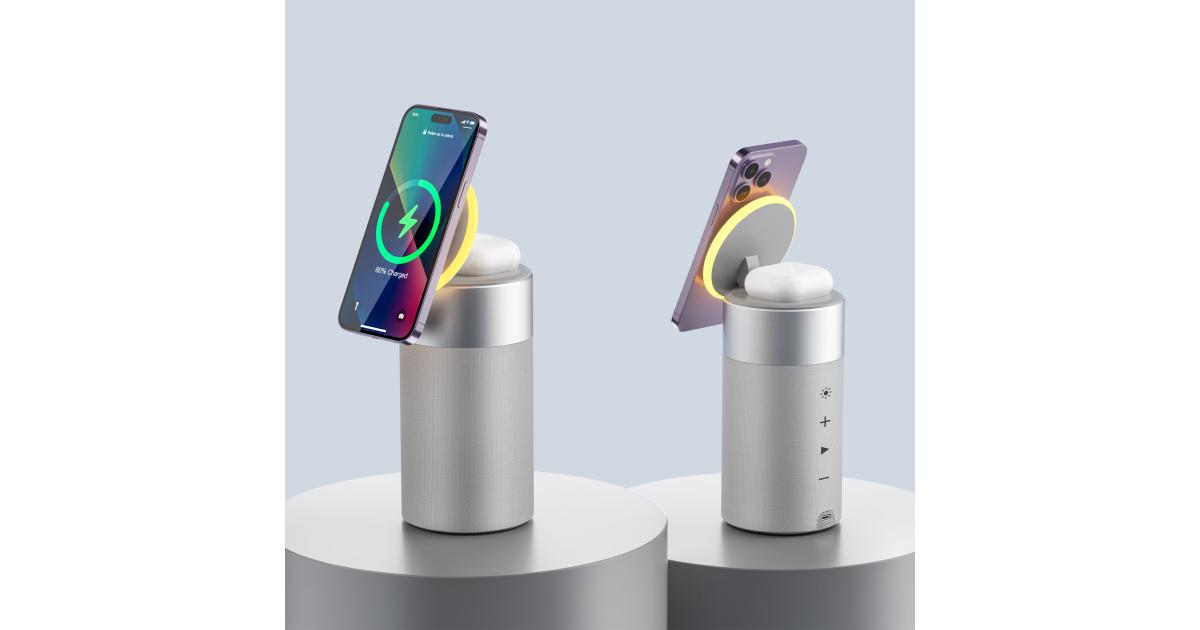 شاحن لاسلكي WIWU WI-W022 3 in 1 Multifunctional 15W Fast Charging with Ambient Light Bluetooth Speaker 5W 360° surround-sound - White