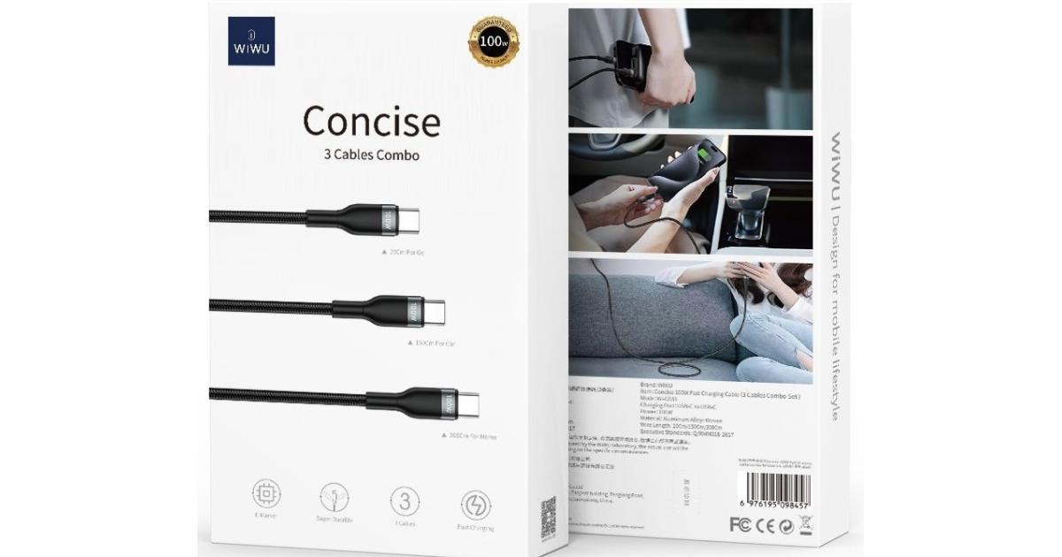 WIWU Wi-C033 3in1 Concise Series 100W Type-C to Type-C Combo PD Cable Set 20cm-150cm-200cm - Black