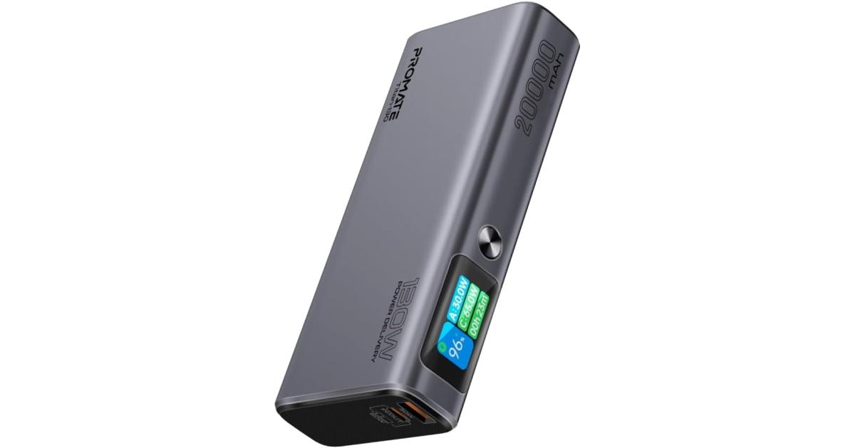 Promate Titan-130 Universal 20000mAh Ultra-Slim Portable Power Pack with 130W Power Delivery, Smart TFT LCD Screen, USB-A QC 3.0, Dual USB-C Input/Output Ports, and Over-Heating Protection