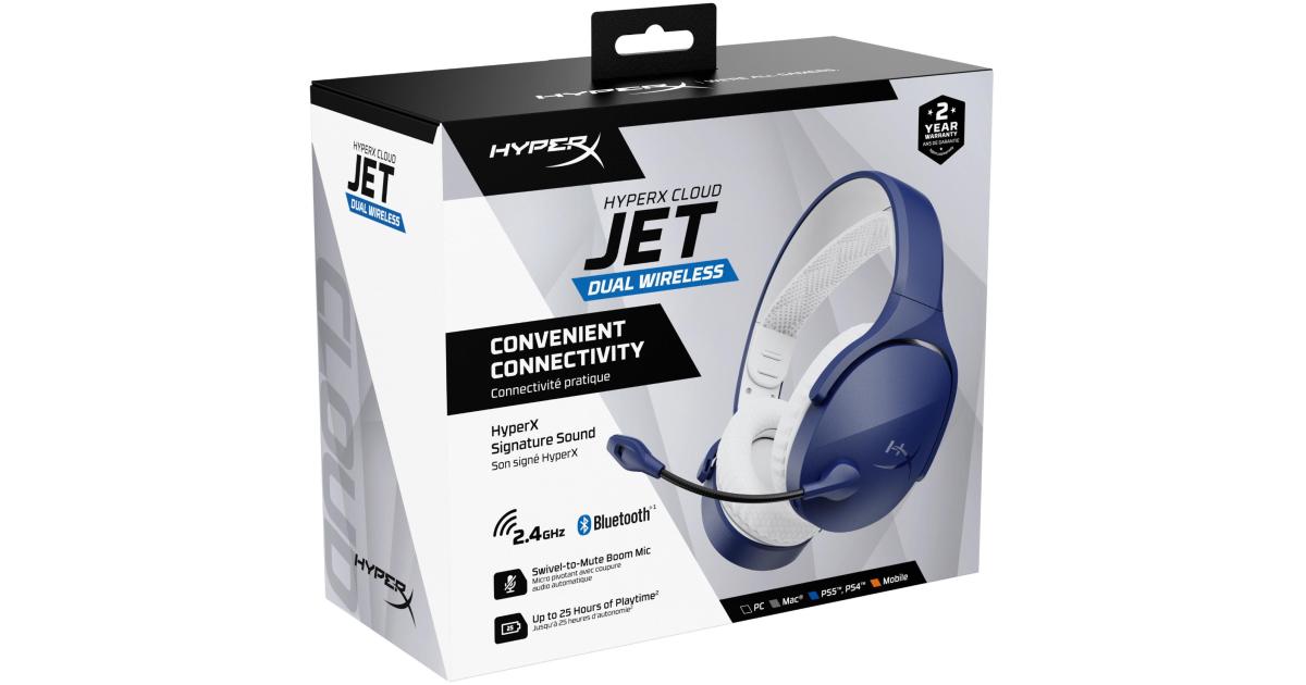 سماعة ألعاب (رأس) HyperX Cloud Jet Dual Wireless & Bluetooth Signature HyperX Sound Swivel-to-mute Boom Mic Up to 25 hours of Playtime Intuitive Audio Controls , Blue