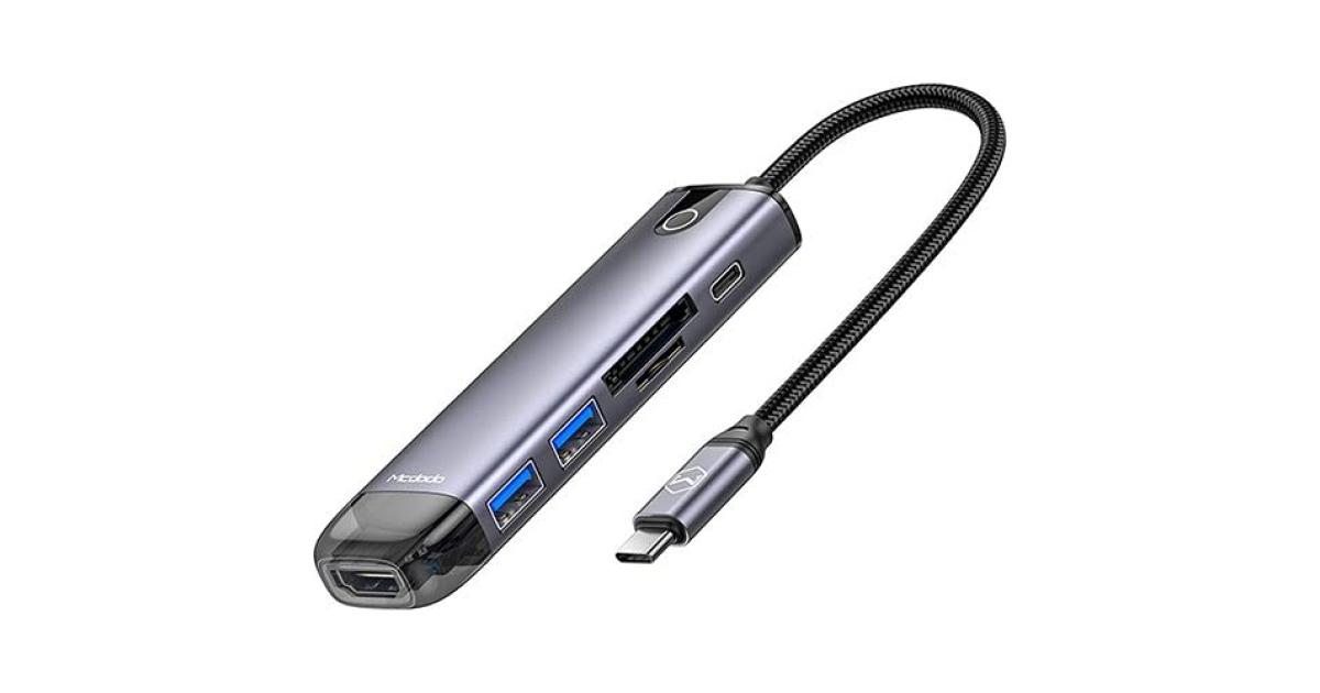 Mcdodo HU-7740 6 in 1 Hub, Aluminum Allow + Nylon Materials, HDMI, USB-A3.0 x2, VGA, USB-C (PD 100W), SD/TF Card Slot