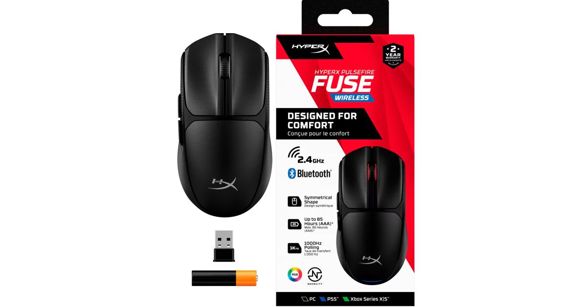 Hyperx Pulsefire Fuse Wireless & Bluetooth Lightweight 75G Long Battery Life Up to 850 hours up to 12k Dpi LED RGB Lighting 2 Support PC, PS5™, Xbox Series X|S , Black