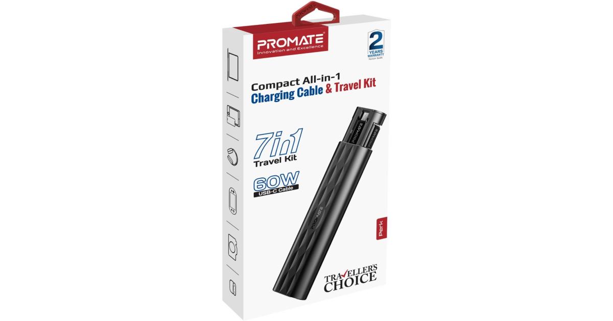 Promate Perk Compact All in 1 Charging Cable and Travel Kit, Supports a USB-C Cable, 20V/3A, Versatile Card Slots, 60W Fast Charge, Black