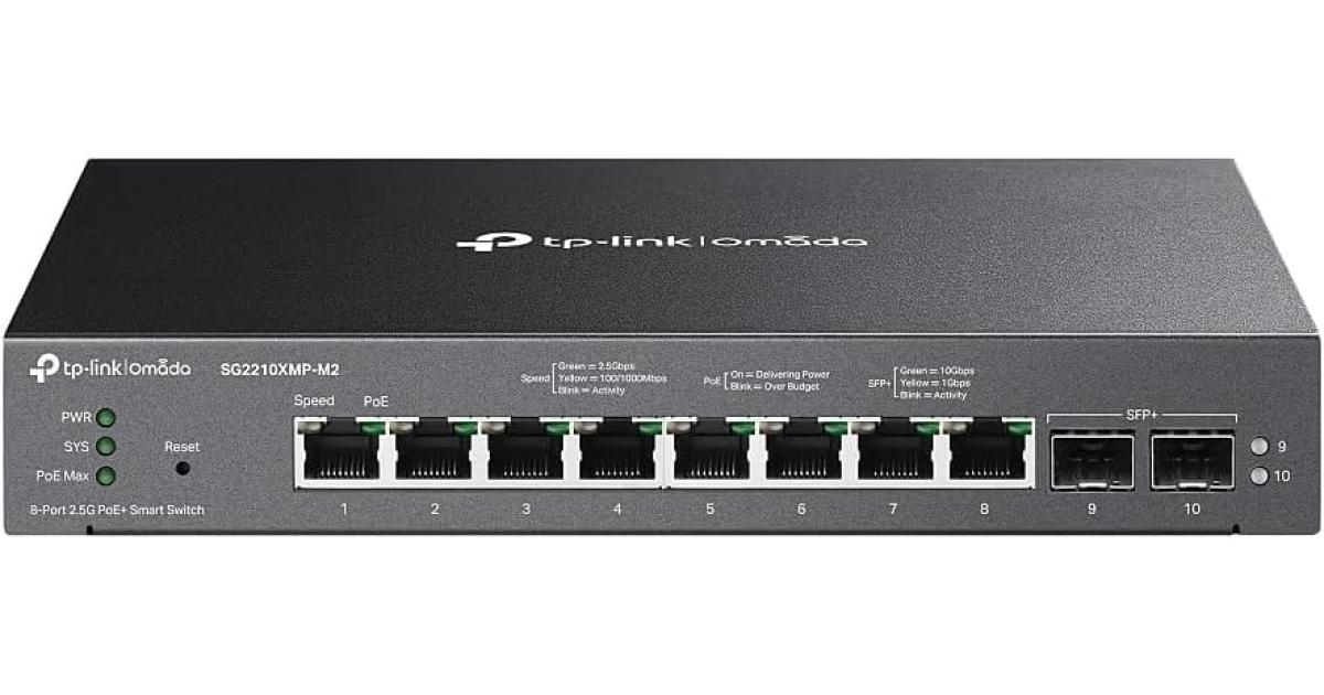 TP-Link SG2210XMP-M2 - Omada Multi-Gigabit Network Switch, 8-Port 2.5G PoE+ ports, 160W and 2-Port 10GE SFP+ Smart Switch