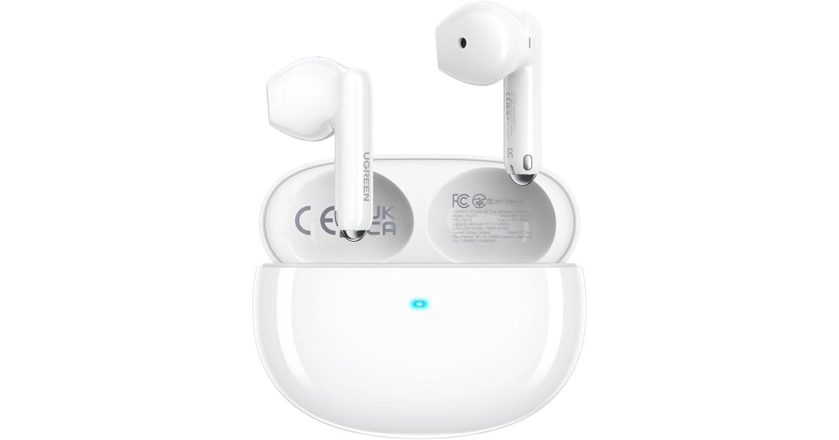 سماعة رأس UGREEN WS201 HiTune H5 Headphone Semi-in-ear Earphone, Bluetooth 5.3, 4 Mics Noise Cancelling , 26H Play Time Fast Charging, 13.6mm Large Driver, Lightweight IPX5 Waterproof Game Mode - White