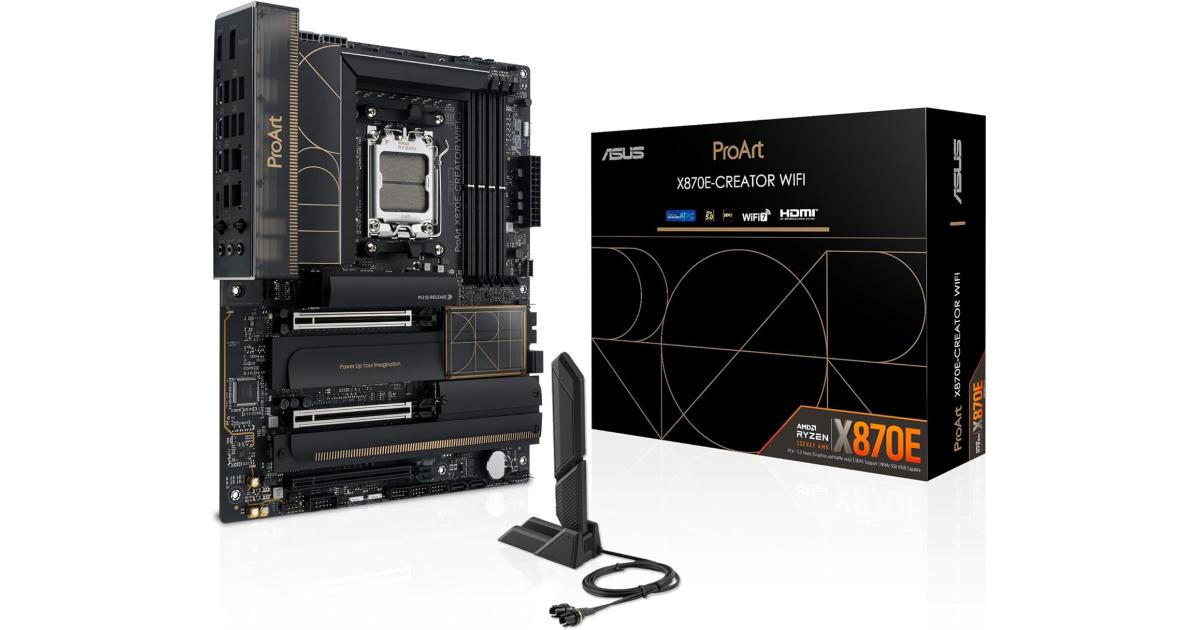 ASUS ProArt X870E-Creator WIFI AM5 ATX AMD X870E Chipset, 4x DDR5 DIMM Slots, 192GB Max Memory, 4x M.2 PCIe Slots, 2x PCIe 5.0 x16 Slots, Bluetooth v5.4