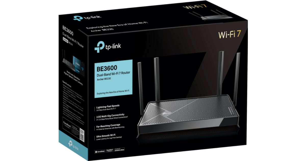 راوتر Tp-link Archer BE220 Dual-Band BE3600 WIFI 7 Dual-Band Wi-Fi 7 WiFi 7 Up to 3.6Gbps Speeds, Full Gigabit WAN/LAN Ports, 4 External Antennas, EasyMesh