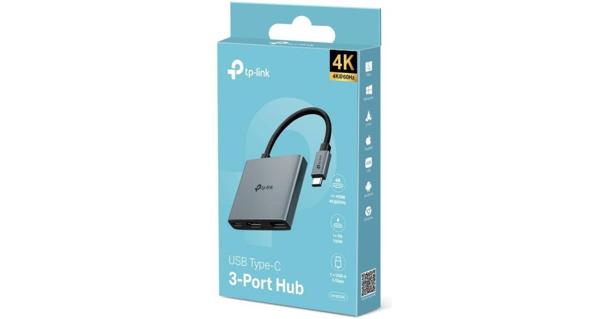 TP-Link UH3020C USB Type-C 3 in 1 Hub, USB 3.0, 5Gbps Data Transfer, USB A, HDMI 4K@60Hz, 100W PD 3.0 Fast Charging, Expand Connections, Self-Storage, Braided Cable, Plug&Play, Easy to use