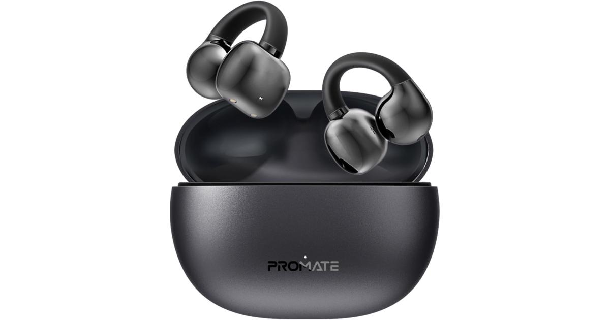 Promate AirClip AudioFit Stability True Wireless Earbuds with OWS Technology, IntelliTouch Control, Ergonomic Open-Ear Clip Design, 28-Hour Playtime, 500mAh Charging Case, Water-Resistance - Black