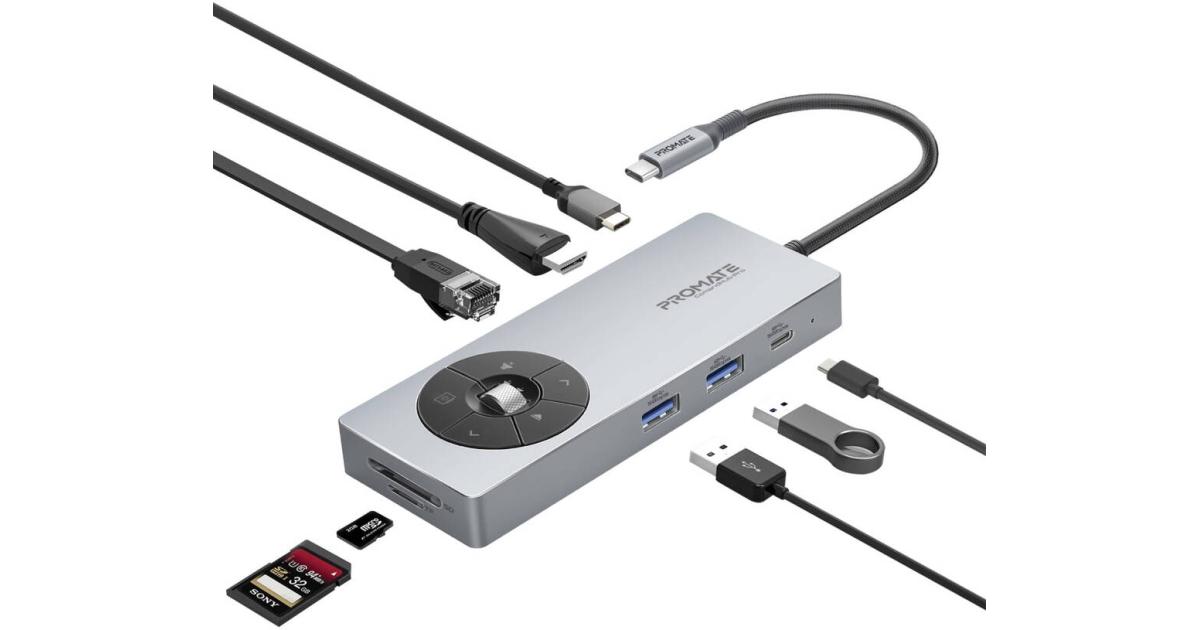 Promate Comandhub-Pro 14-in-1 Highspeed Multiport USB-C Hub with 100W PD Passthrough & Multimedia Controls, 4K @ 60Hz HDMI Support, 1Gbps Ethernet Port, 50cm Braided Cable Length, Gray