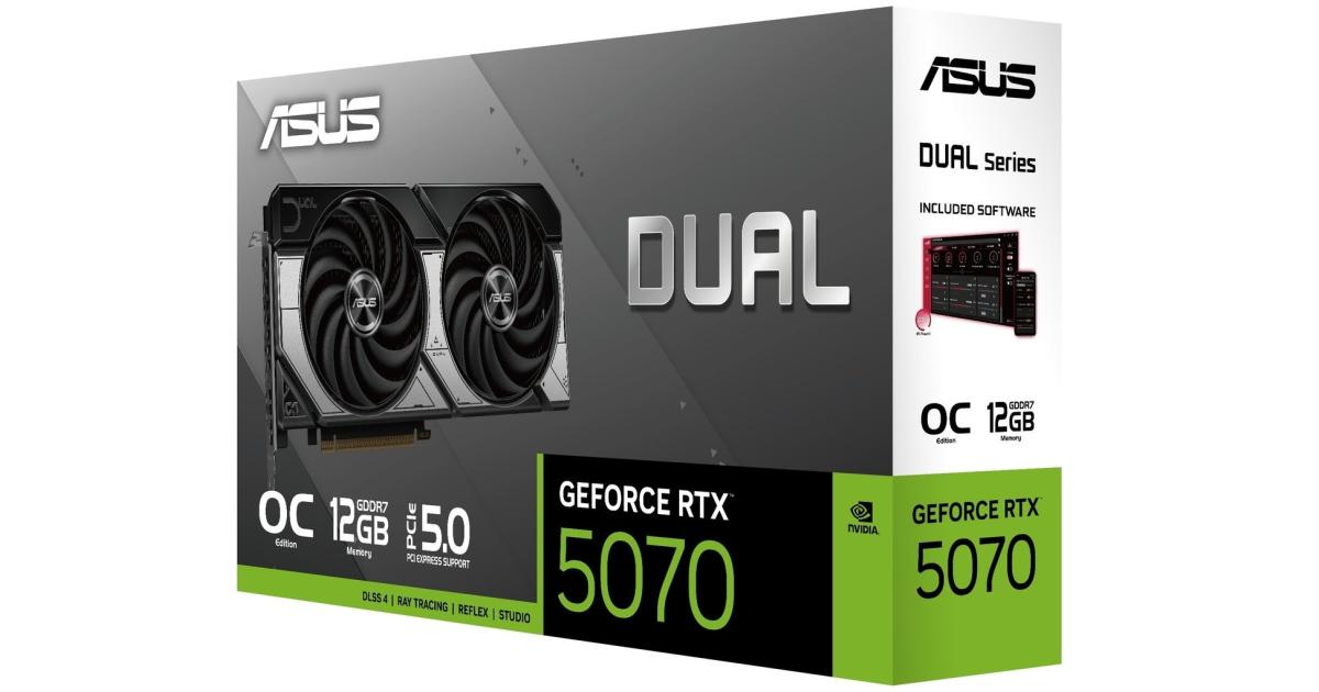كرت شاشة ASUS Dual GeForce RTX™ 5070 OC Edition 12GB GDDR7 (PCIe® 5.0, 12GB GDDR7, HDMI®/DP 2.1, 2.5-Slot, Axial-tech Fans, Dual BIOS)