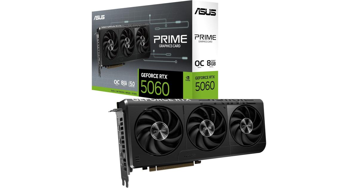 ASUS PRIME GeForce RTX 5060 OC Edition 8GB GDDR7 ذاكرة 128 بت، ساعة تعزيز 2565 ميجاهرتز، سرعة ذاكرة 28 جيجابت في الثانية، 3840 نواة CUDA، PCI Express 5.0