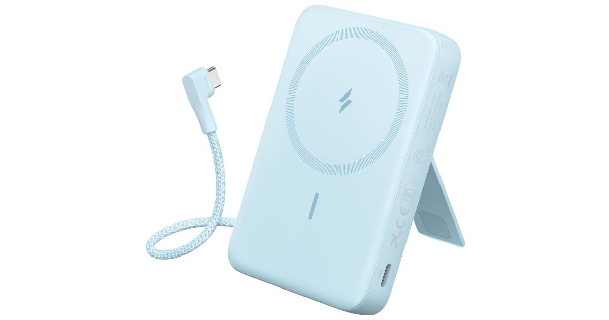 باور بنك (شاحن متنقل) Anker Zolo Magnetic , 10,000mAh Wireless Portable Charger with 30W Max Fast Charging, Battery Pack with Built-in USB-C Cable and Adjustable Stand, for iPhone 16/15 Series, AirPods - Blue