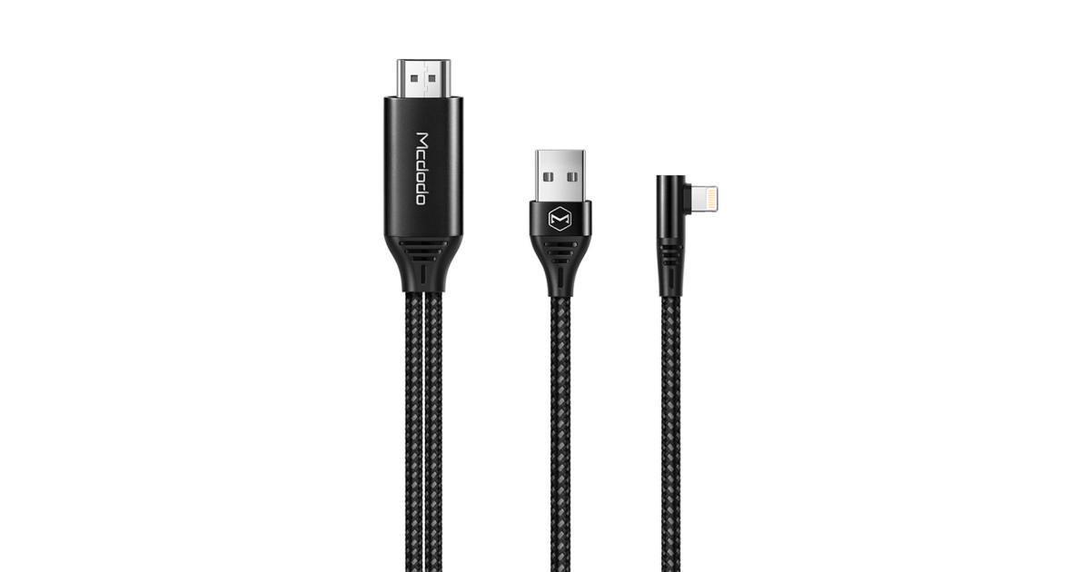 Mcdodo CA-6400 Lightning 90 Degree Braided 4K HDMI Cable 2M 2A Black, Lightning iphone to HDMI 4K