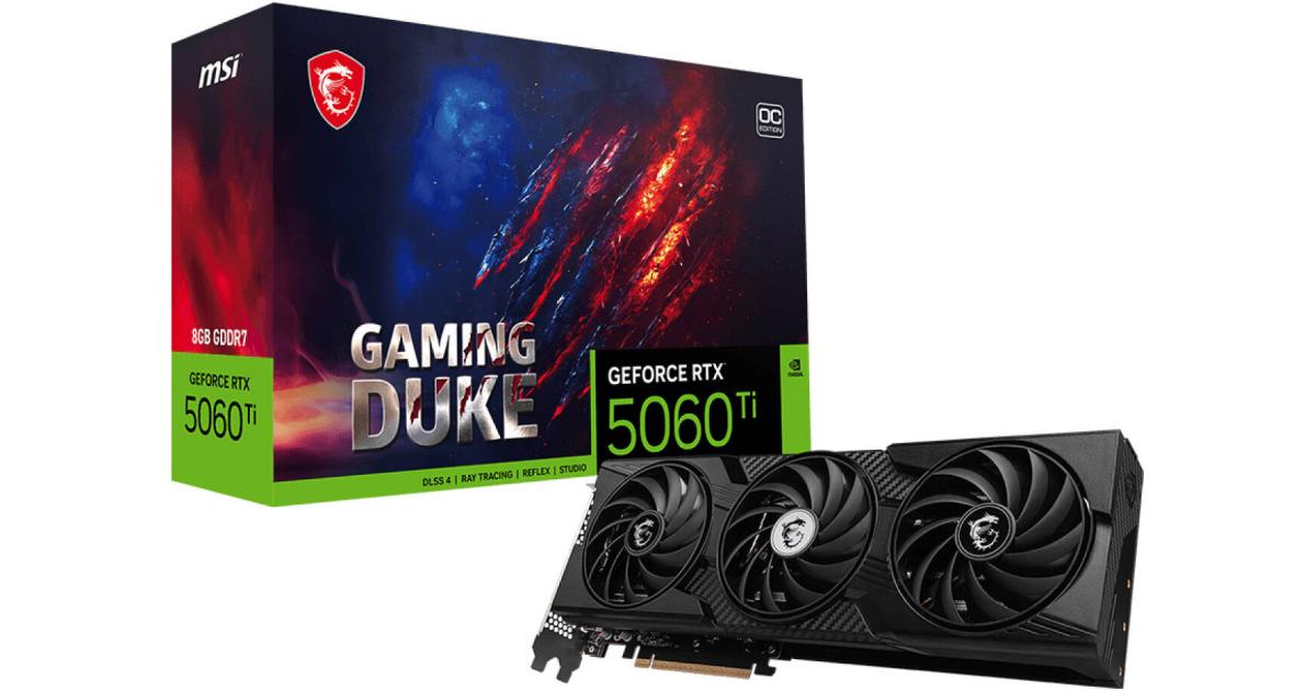 كرت شاشة MSI GeForce RTX 5060 Ti GAMING DUKE 3X OC , 8GB GDDR7 128-Bit Memory, 2617 MHz Boost Clock, 28 Gbps Memory Speed, 4608 CUDA Cores, PCI Express® Gen 5 x16, Black