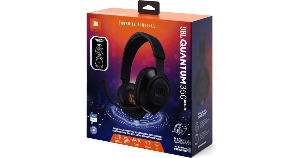 سماعة ألعاب (رأس) JBL Quantum 350 Wireless Detachable Boom Mic, 22-hour Battery Life, Speed Charge & Power & Play, Optimized For PC, PS5, Nintendo Switch & More , Black