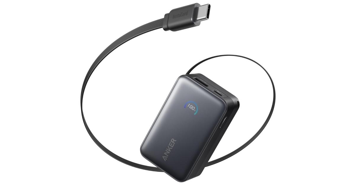 Anker Nano Power Bank, 10,000mAh Portable Charger with 2.3 ft InstaCord Retractable Cable, 45W Max Compact Battery Pack, Smart Display, for iPhone 16 Series, iPad, Galaxy, Pixel, and More - Black