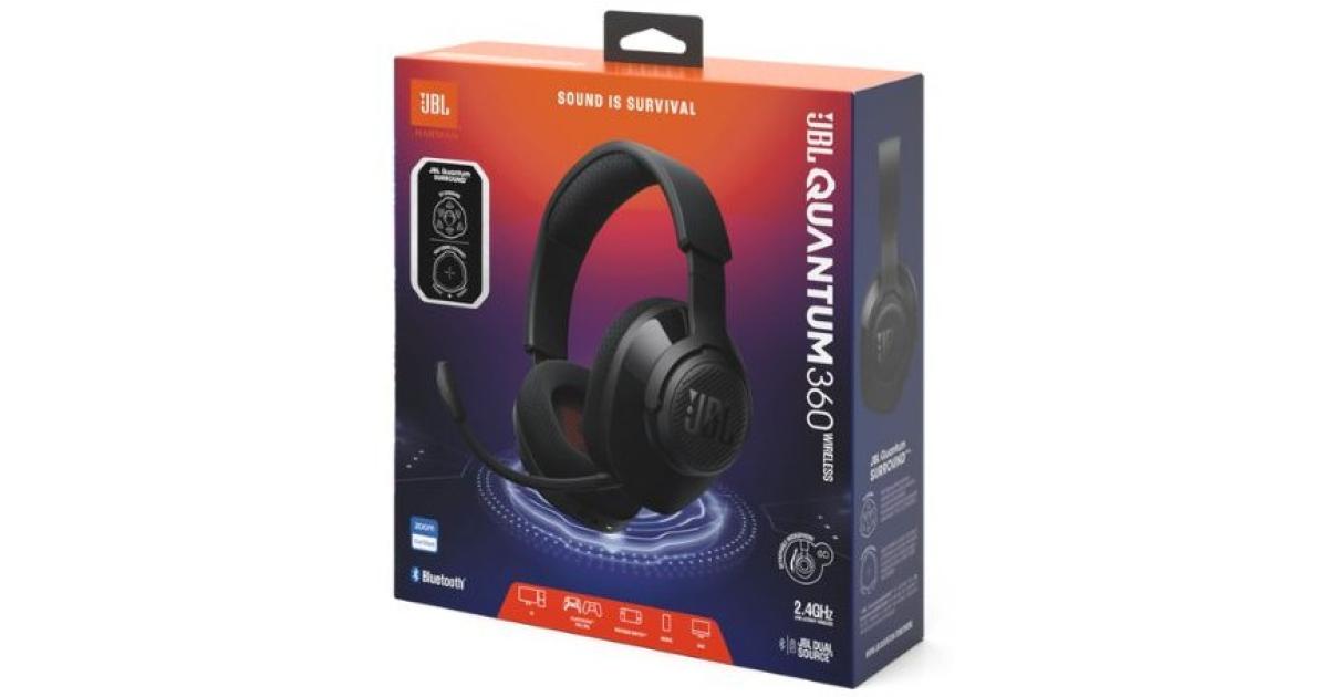 سماعات JBL Quantum 360 Wireless Over-Ear Gaming with 2.4GHz/Bluetooth Dual Wireless Connection, 22H Battery, Multiplatform Compatible, Detachable Mic with Mute Option - Black