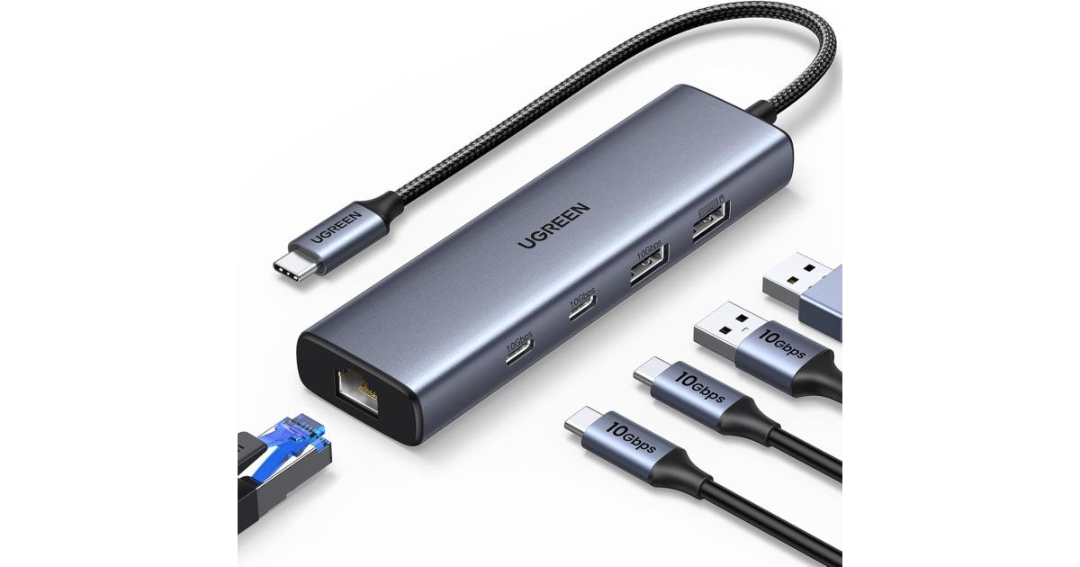 لابتوب آبل MacBook UGREEN 6-in-1 Hub USB C to Ethernet Adapter, 10Gbps Data Port USB-C, Ethernet with 2*USB-C 3.2, USB-A 3.2/2.0, Gigabit RJ45, Power Port (Only for Adapter), Type C to Network Dongle for Laptop, , XPS
