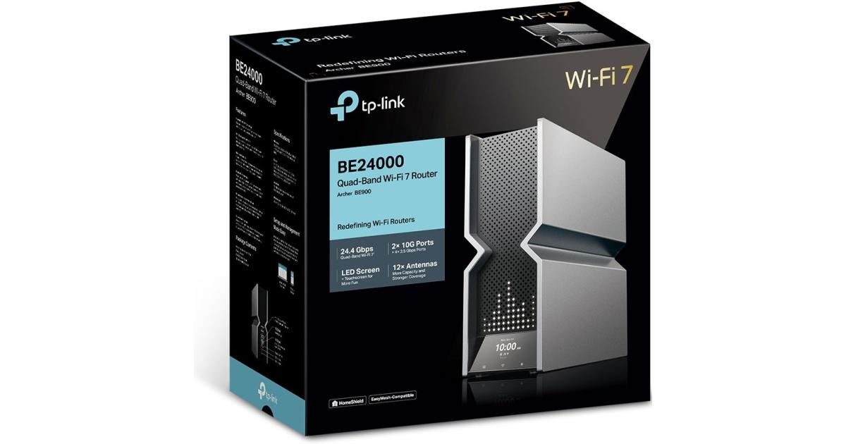 راوتر TP-Link Archer BE900 BE24000 Quad-Band Wi-Fi 7 , Dual 10Gbps, x5 Ethernet Ports, LED Touchscreen, 12x Optimally Positioned Antennas, EasyMesh-Compatible, Silver