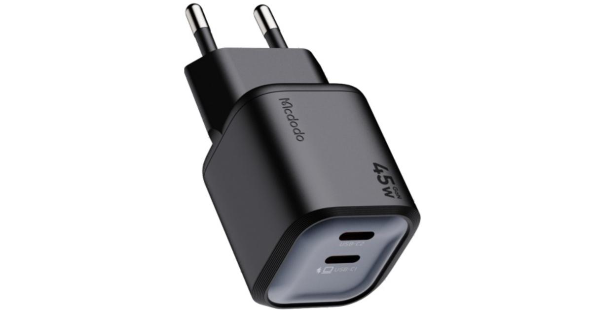 Mcdodo Gana Mini 45W GaN Charger – 2-Port Fast Wall Charger with Dual USB-C, Compact Design, Compatible with Laptops, Tablets, Smartphones & More - Black